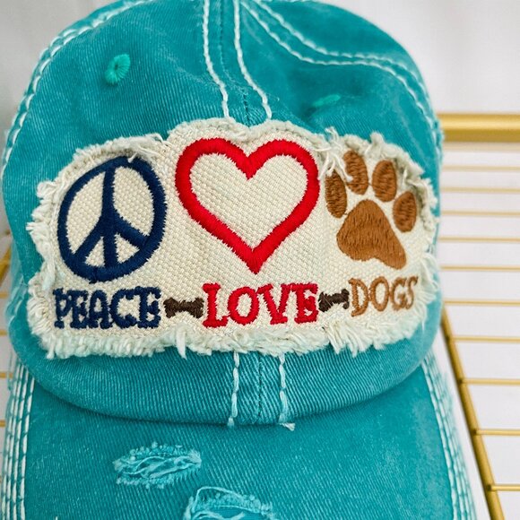 BRAND NEW, Never Worn Distressed Peace, Love and Dogs Turqouise Adjustable Hat! - Picture 3 of 8